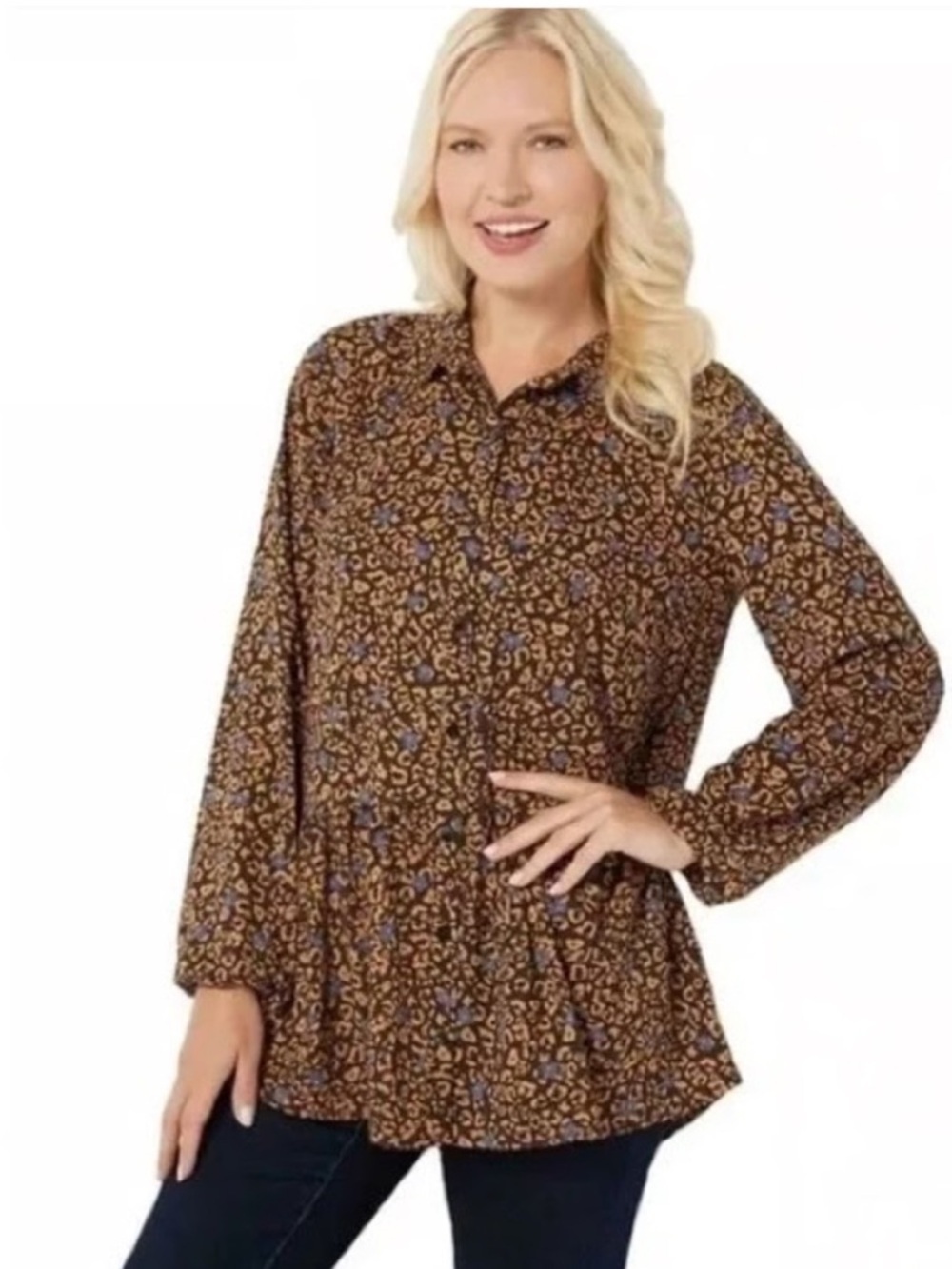 LOGO Lori Goldstein Leopard Floral Print Button Front Swing Tunic Blouse Large - Picture 11 of 12